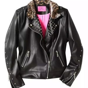 Betsey Johnson Blk FauxLeather Leopard Moto Jacket